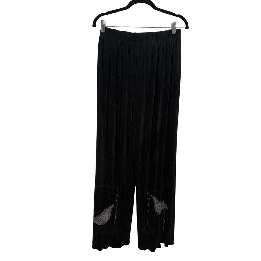 Vintage Blue Fish Wide Leg Pants Womens Size 1 Black Palazzo Lagenlook USA Artsy